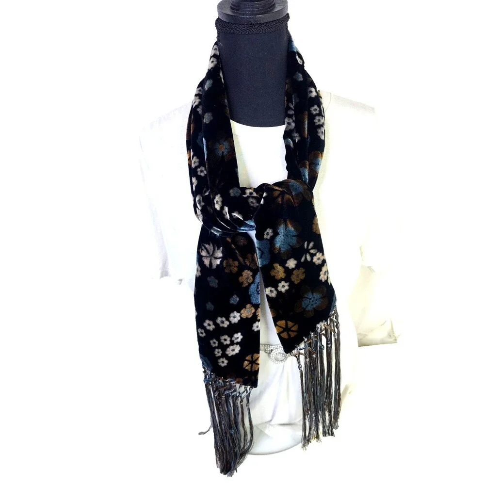 NORDSTROM Black Velvet Burnout Floral Viscose &Silk Scarf Made in Italy 69”x10”